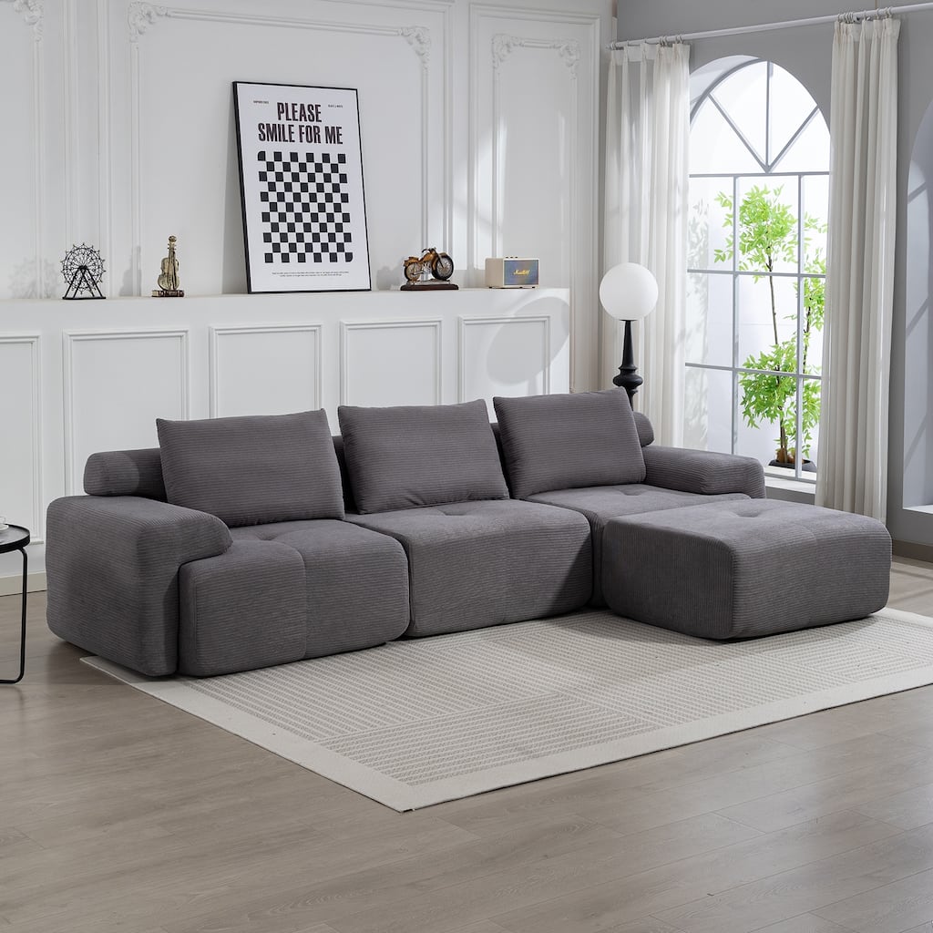 L-Shaped Convertible Sectional Sofa Bed with Memory Foam & Steel Frame, Corduroy Fabric, Grey