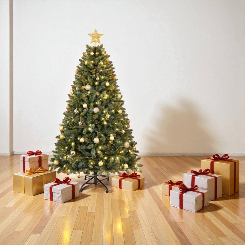 7.5FT Pre-Lit Artificial Christmas Tree with 550 LED Lights, 1350 Tips, Hinged PVC Design and Metal Stand