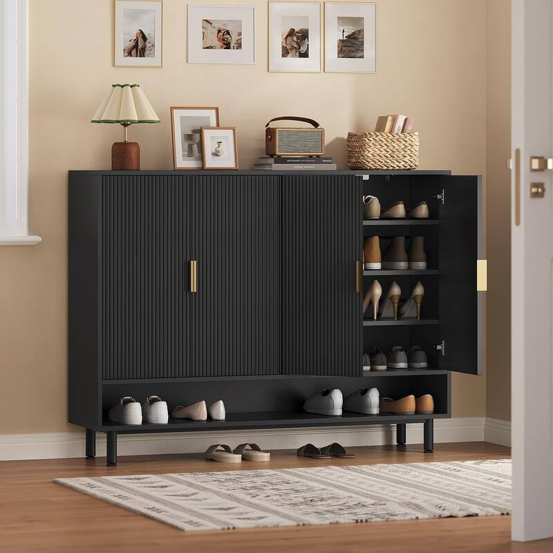 Shoe Storage Cabinet Shoe Organizer 3 Adjustable Shelves Metal Legs - Black - No Drawers