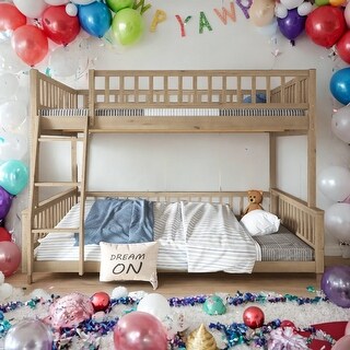 Full XL over Queen Bunk Bed with Ladder and Guardrails,No Box Spring Required, Walnut