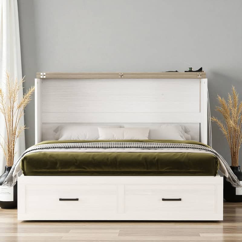 Queen Farmhouse Murphy Cabinet Bed with Charging Station and Large Storage Drawer, Foldable Space-Saving Platform Bed