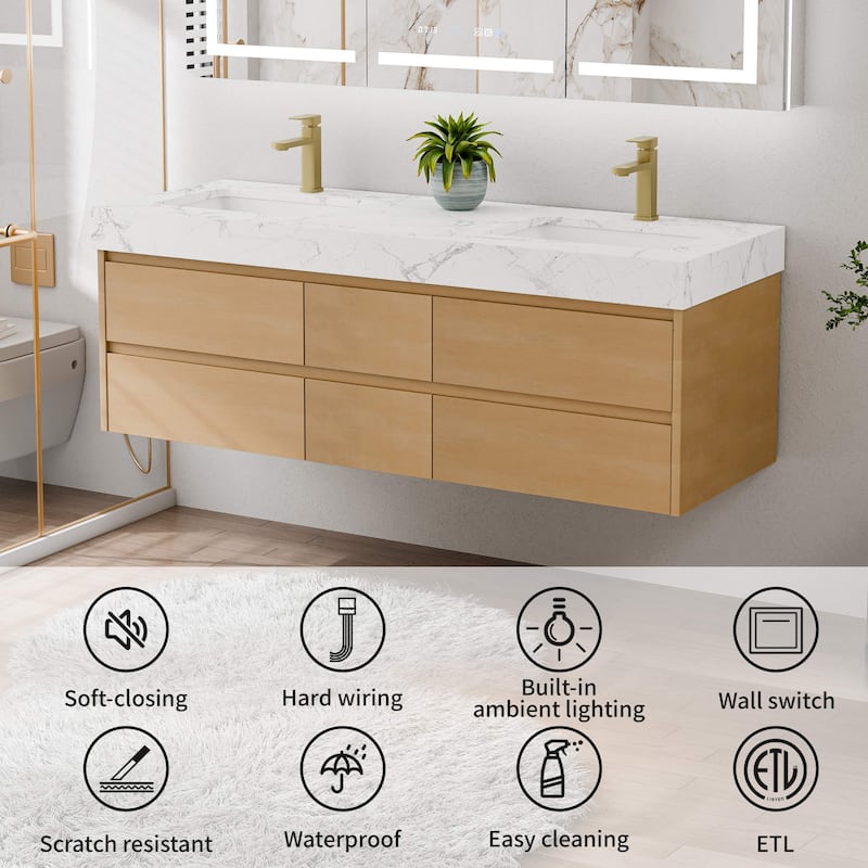 Modland 60" Floating Bathroom Vanity, Modern Maple Wood Wall Mounted Vanity with Marble Countertop,6 Soft-Close Drawers