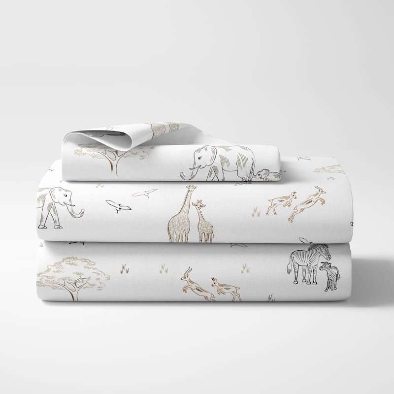 Jungle Safari Animals Twin Sheet Set Taupe Black and White Gender Neutral Elephant Giraffe Wildlife Adventure Zebra Serengeti