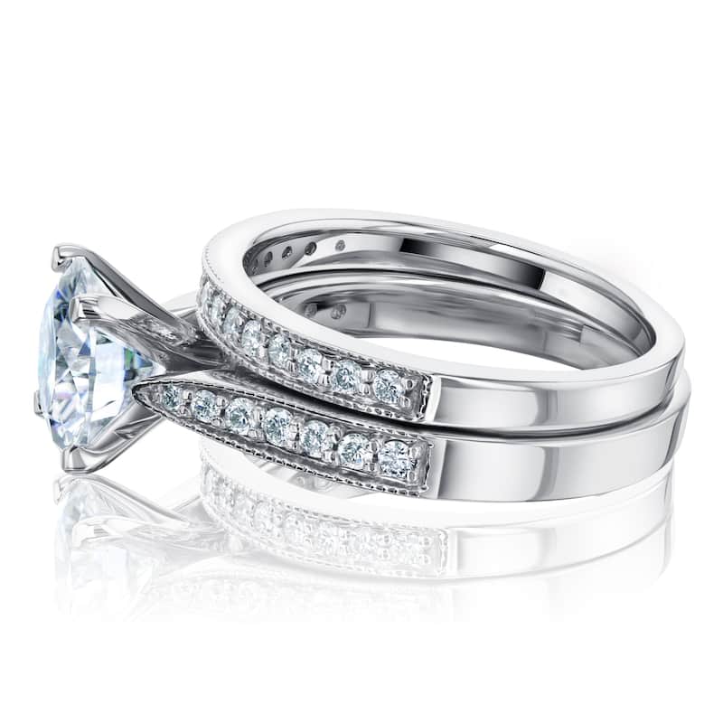 Kobelli 2.33 Carats Moissanite & Natural Diamond Solid 14k White Gold Antique Style Sophie 2pc Bridal Set