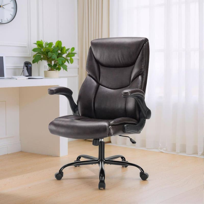 Ergonomic Computer Gaming Office Chair, Faux Leather Heavy Duty Task Desk Swivel Rolling Chairs, Flip-up Arms, Adjustable Height - Brown