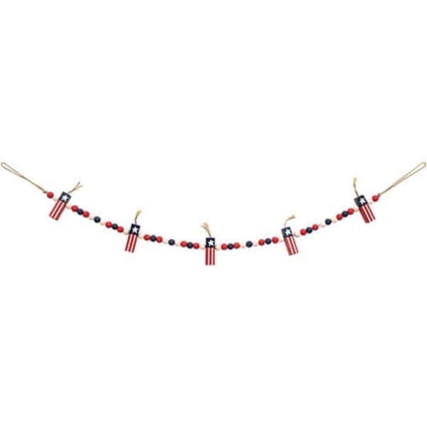 slide 1 of 1, Wooden Beaded Firecracker Garland Patriotic Americana Decor 30 Inches - 2” high by .5” wide each bead is .5” in diameter Red
