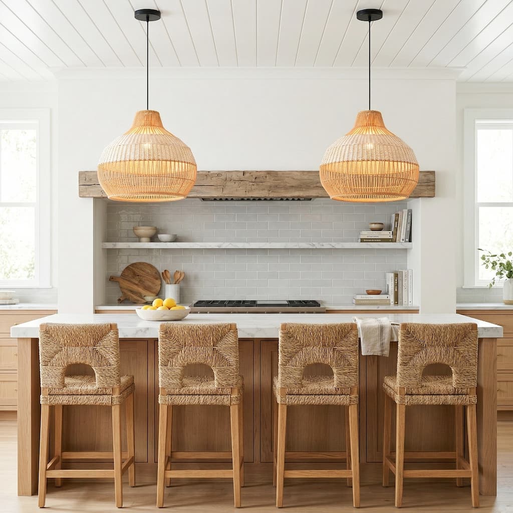 17" Bohemian Round Woven Wicker Adjustable Pendant Light Chandelier for Dining Room