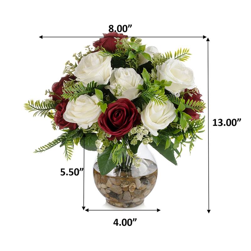 18 Heads Silk Rose Flower in Clear Glass Vase With Faux Water and River Stone for Home Decor, Wedding Table