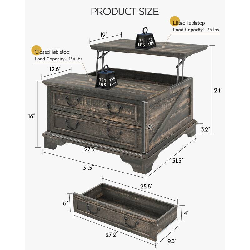 Moasis Farmhouse 31" Lift Top Square Coffee Table with 2 Drawers and Hidden Storage