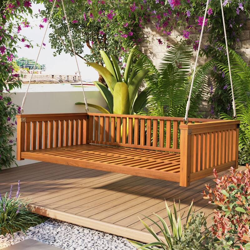 Acacia Wood Twin Size Patio Swing Bed, Outdoor Porch Hanging Bed with Safe Sloped Design and Hemp Ropes for Garden or Backyard - Teak