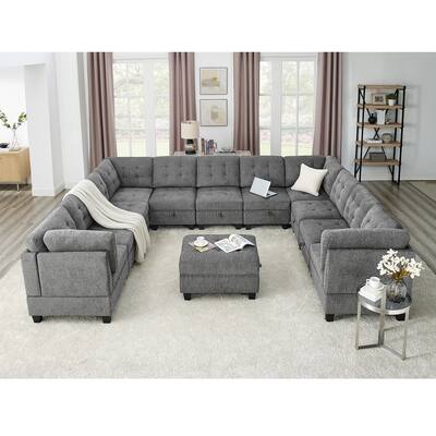 Grey Chenille Upholstered Sectional Sofa Set 4 Corner Chaise Couch Set with Hidden Storage Ottoman for Living Room