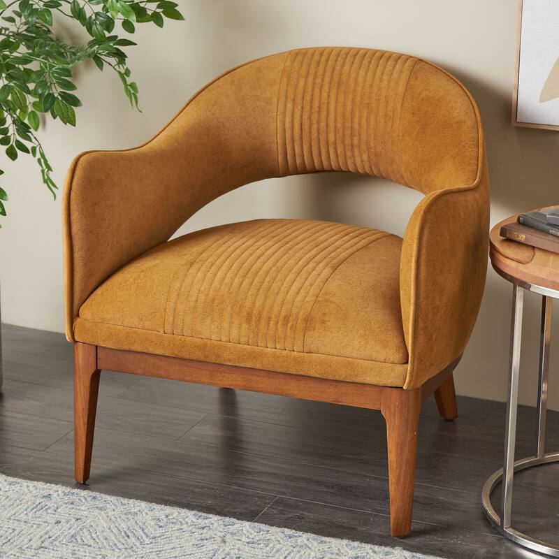 Brown Polyester Curved Back Living Room Accent Chair with Wooden Frame - Brown