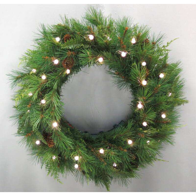 30" Mixed Mountain Cypress B/O Wreath w/Warm White & Multi LED Lights - Choose LED Raspberry Covers or LED T5 Mini Lights - 30" LED Raspberry Cover