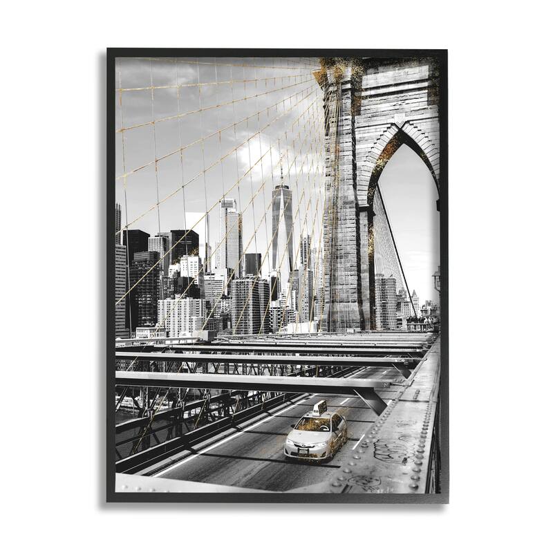 Stupell Brooklyn Bridge Urban City Architecture Taxi Driving Photography Framed Wall Art - Grey - 11 x 14 - Black