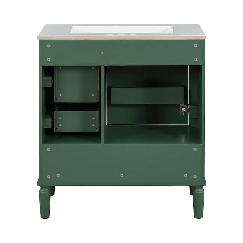 30" Freestanding Single Sink Storage Cabinet Bathroom Vanity with Gold Handles, Groove Decoration and Overflow Drain Protectio