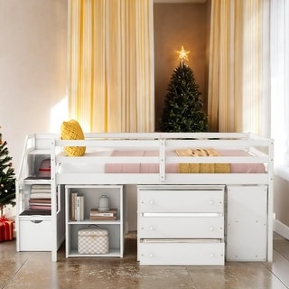 Full Size Wooden Loft Bed with Storage Stairs and Shelves,Space-saving Multi-Functional Loft Bed