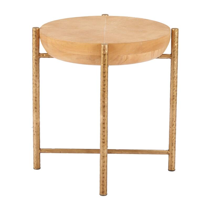 HomeRoots 22" Natural and Gold Wood and Stainless Steel Round End Table - 22.00 in. x 22.20 in. x 22.00 in.