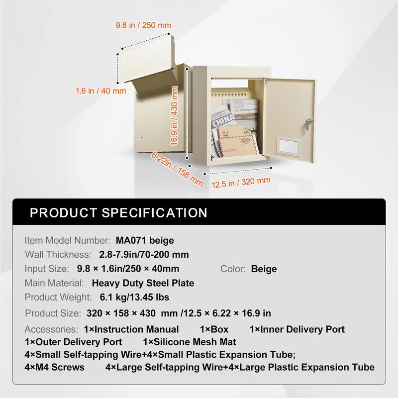 Through The Wall / Door Drop Box, Heavy Duty Steel Through the Wall / Door Mailbox with Combination Lock, Mail Drop Box