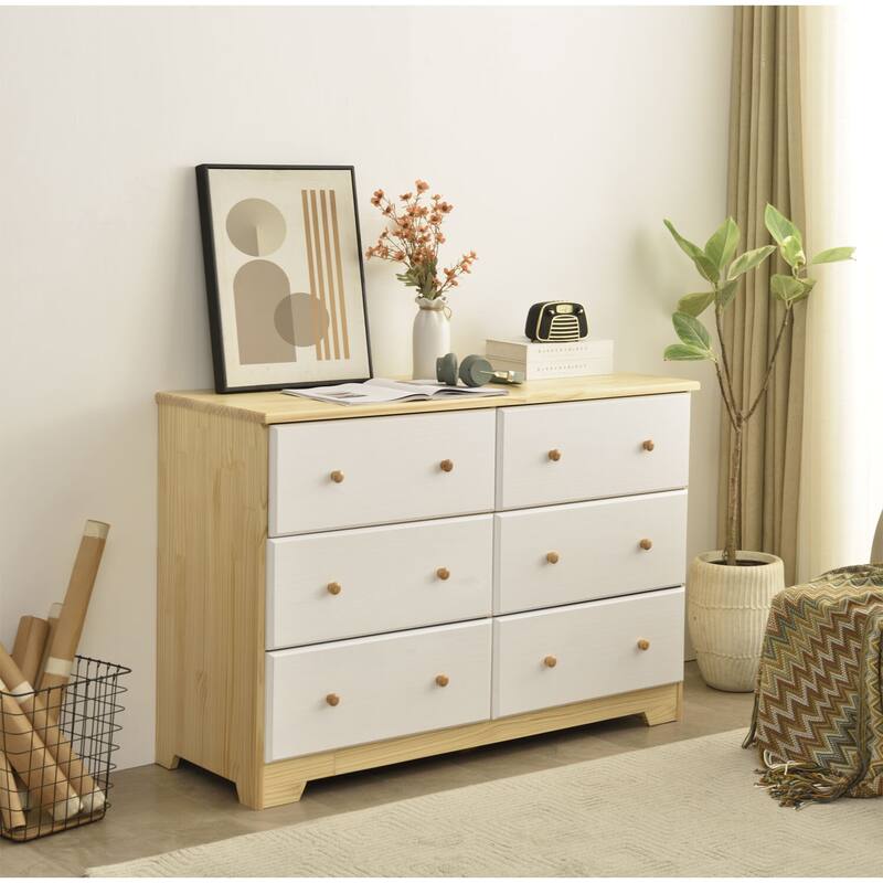 Solid Pine Wood 6-Drawer Double Dresser in Natural and White Finish with Smooth Glide Drawers and Modern Style