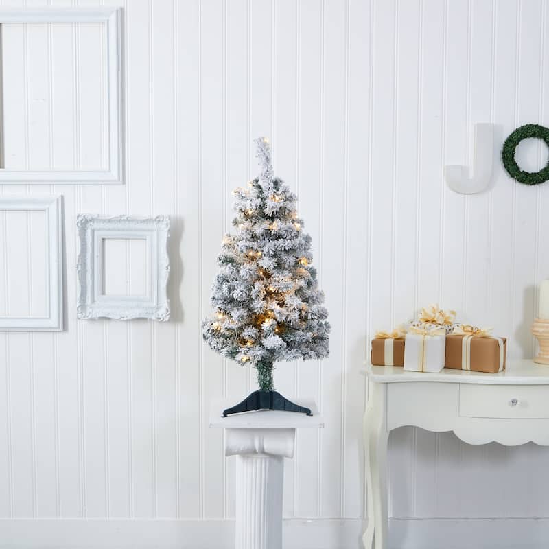 3' Pre-Lit Rock Spruce Flocked Artificial Christmas Tree, Clear LED Lights - 3 Foot