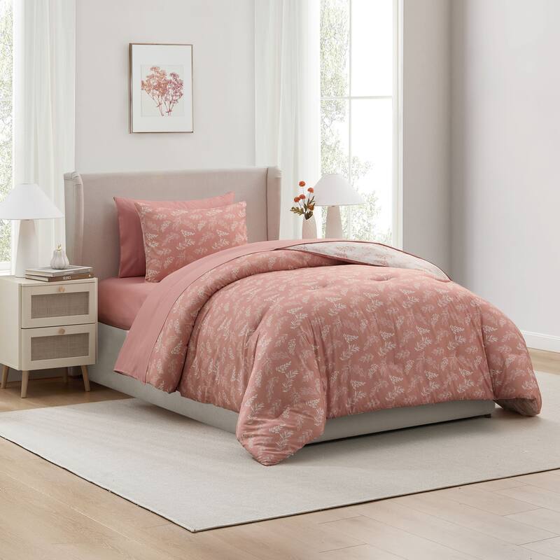 Empyrean 7 Pc Botanical Comforter Set with Sheets, Soft Breathable Lightweight Bedding Bag