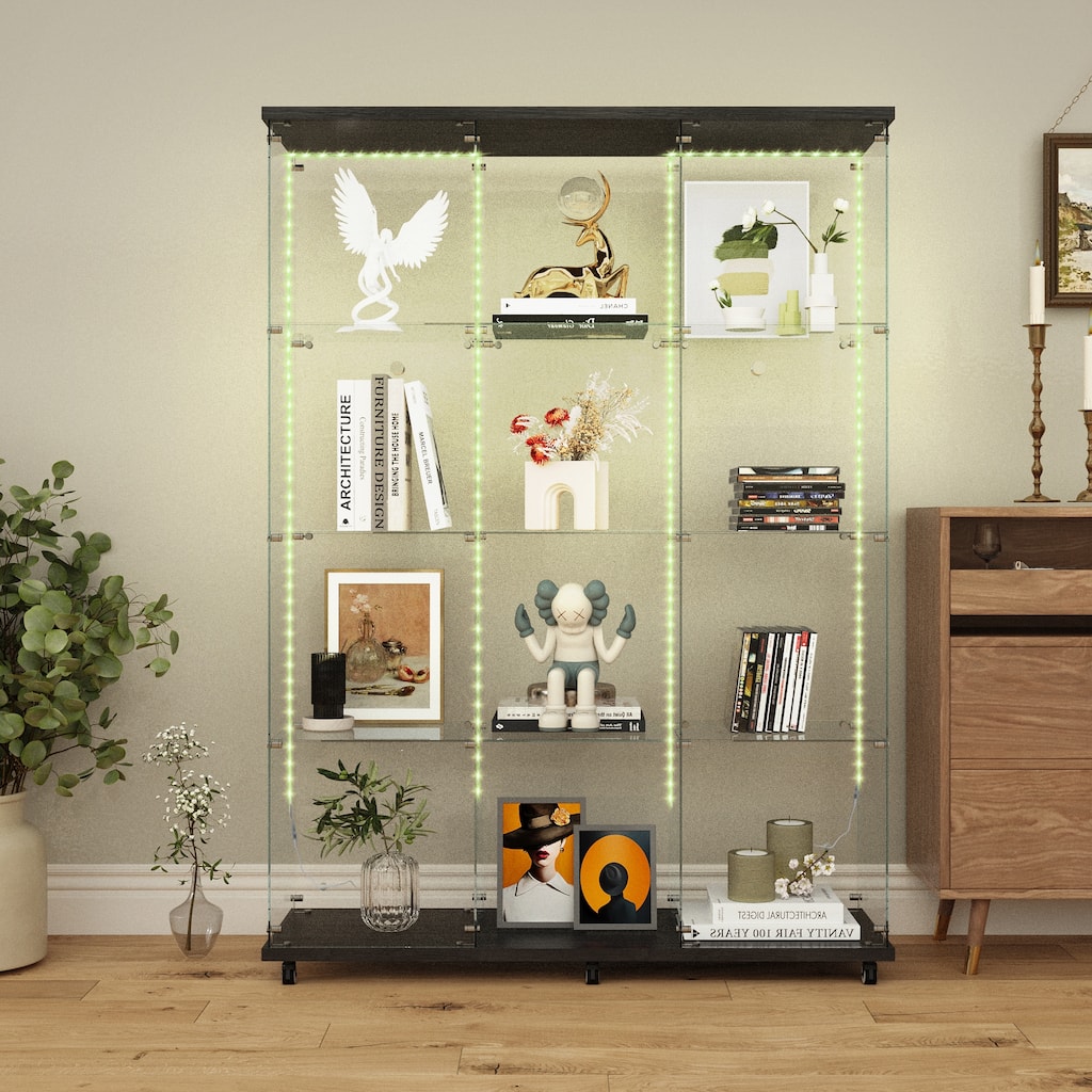 Tempered glass display cabinet with Bluetooth LED light strip,lock on the door,equipped with cast,easy to move,for living room