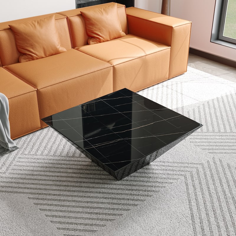 Modern Square Coffee Table, Trapezoid White Sintered Stone Coffee Table, Fully-assembled