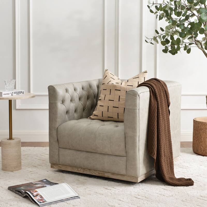 KINWELL 100% Genuine Leather Square Swivel Barrel Accent Chair