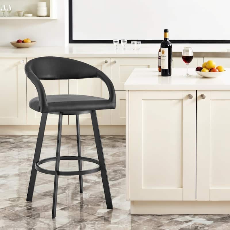 HomeRoots 30" Black Faux Leather and Iron Low Back Bar Height Swivel Bar Chair - Bar Height - Single - Black