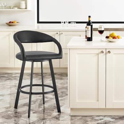 HomeRoots 30" Black Faux Leather and Iron Low Back Bar Height Swivel Bar Chair