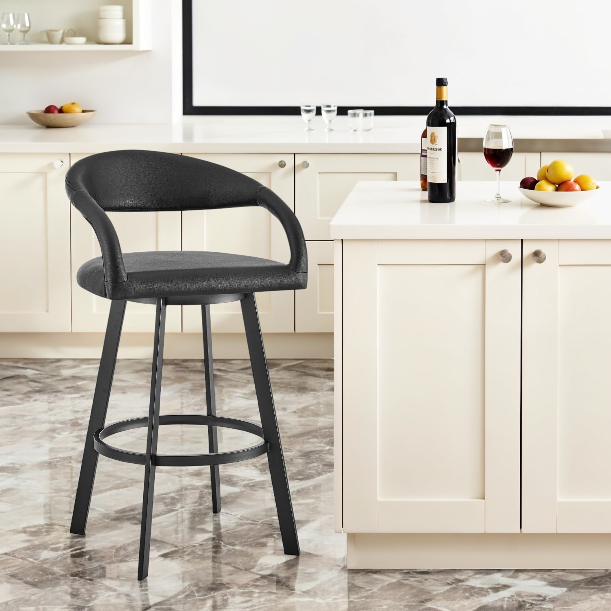 HomeRoots 30" Black Faux Leather and Iron Low Back Bar Height Swivel Bar Chair