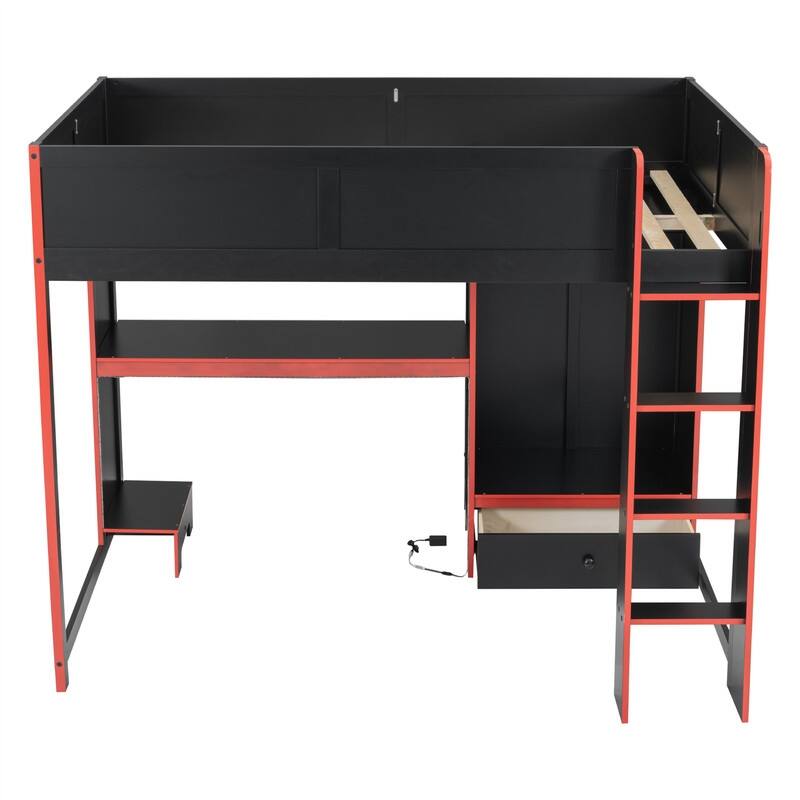 Solid Wood Gaming Loft Bed with Bulit-in Desk and Wardrobe, Twin/Full Size Loft Bedframe with LED Light and 1 Storage Drawer