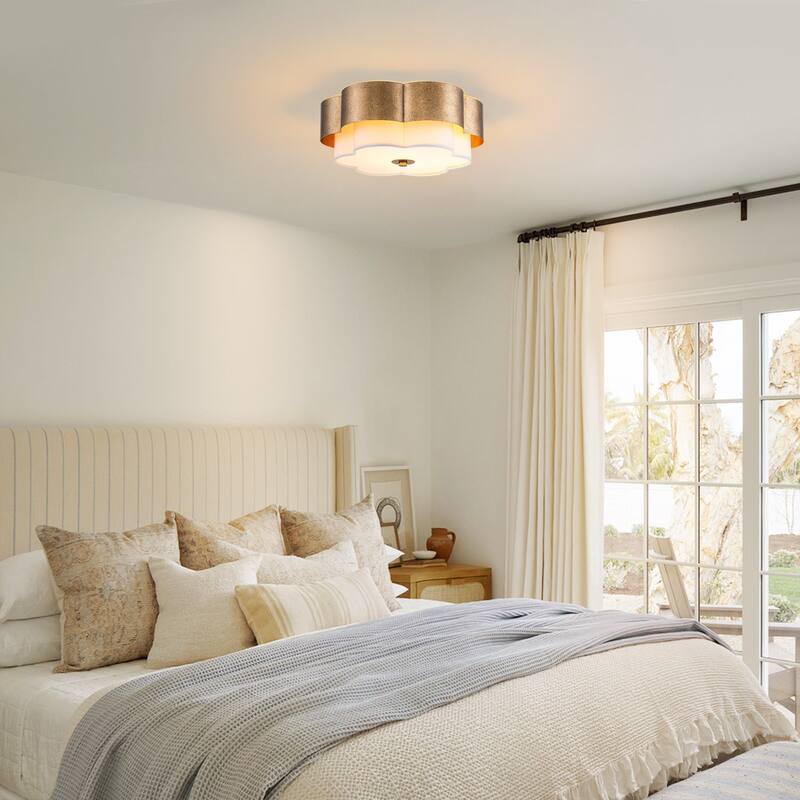 13.8" W Mid-Century Modern Tiered Flower/Circluar Drum Ceiling Light in Distressed Stain Gold with White Fabric Shade