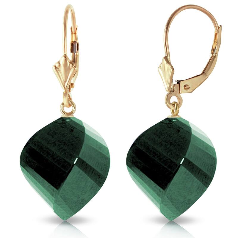 14K Solid Gold Leverback Earrings Twisted Briolette Emeralds - Yellow
