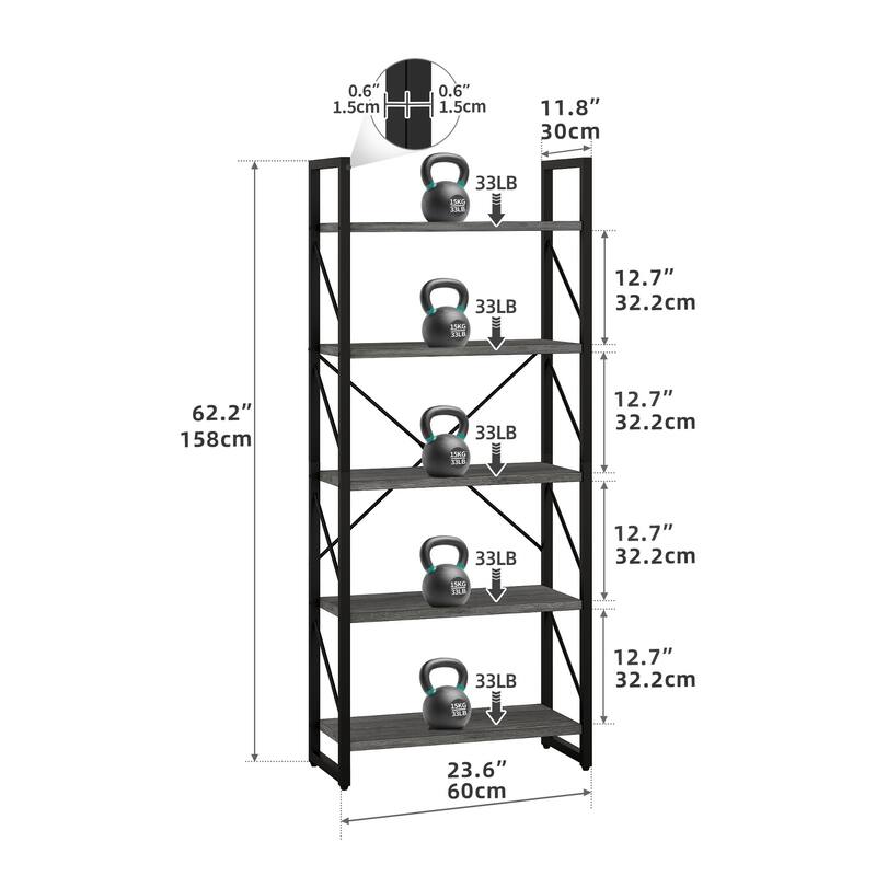 Roul Wood 5 Tiers Bookshelf Modern Bookcase Storage Rack Shelves