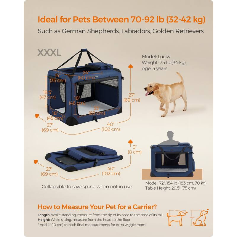 Collapsible Pet Carrier, Oxford Fabric, Mesh, Metal Frame, With Handle, Storage Pockets
