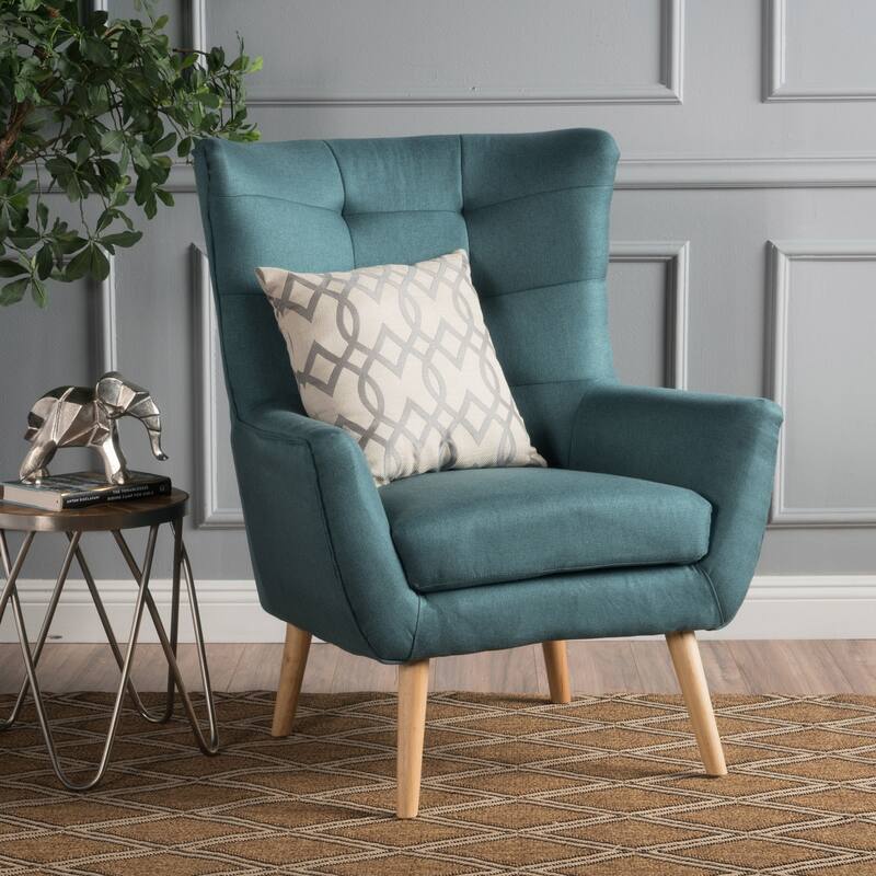Teal Modern 32.5" High Back Upholstered Button Tufted Wingback Chair with Rubber Wood Legs