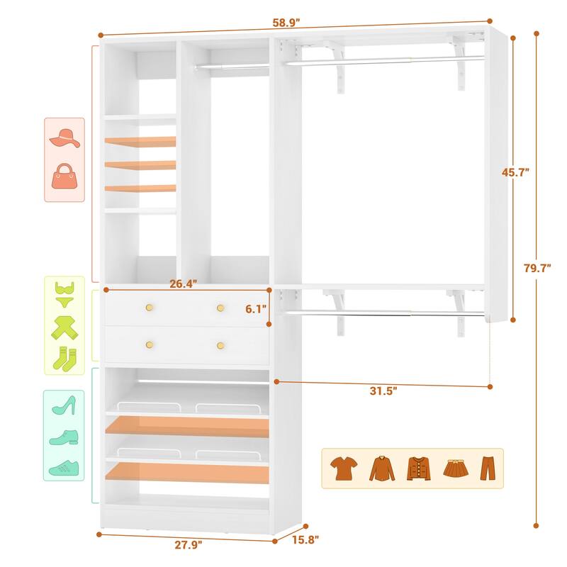 Grimm 5FT Small Closet System with Drawers, 60" Closet Organizer System with Reversible Hanging Shelving