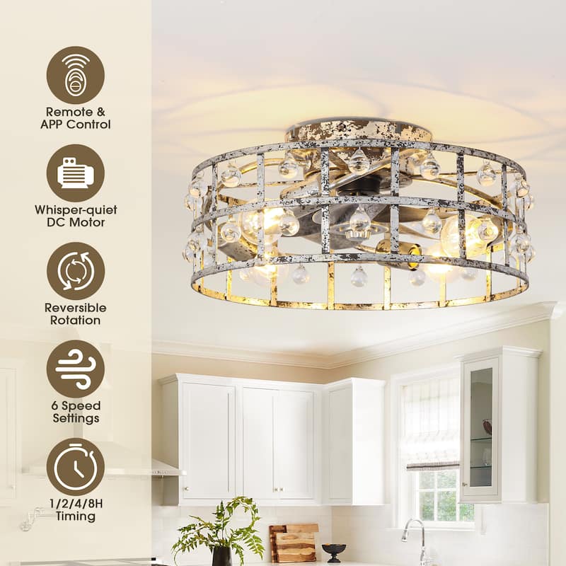 18-inch Distressed Silver Crystal Caged Low Profile Celing Fan Fandelier with Remote and APP Control