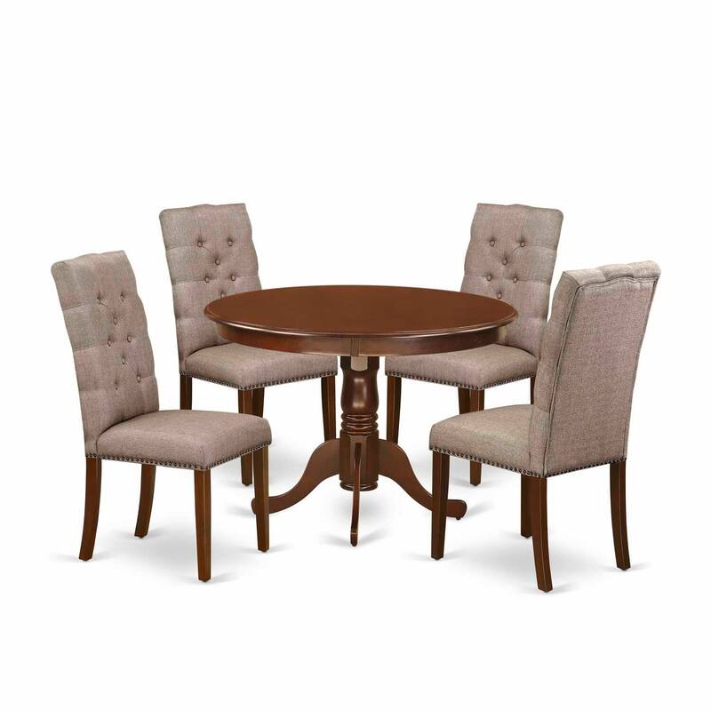 HomeStock 5-Piece Round Mahogany Finish Solid Wood Top Dining Table with 4 Parson Chair with Lattice Back