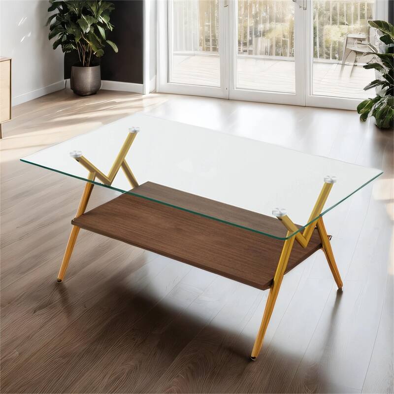 Modern Rectangle Coffee Table with Tempered Glass top and Metal Legs