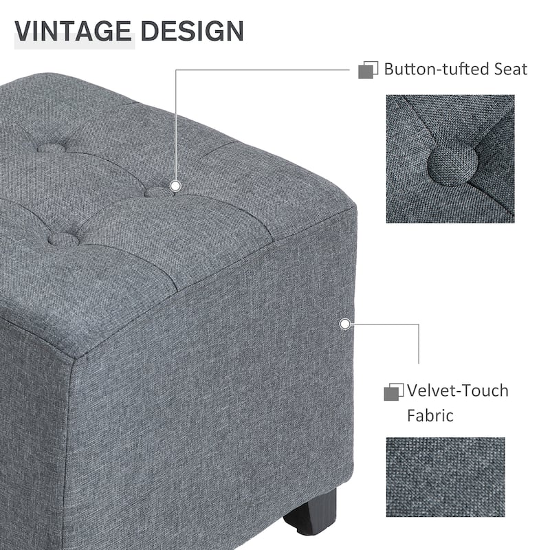 HOMCOM Tufted Ottoman Linen-Touch Fabric Upholstered Footrest Stool with Anti-Slip Pads