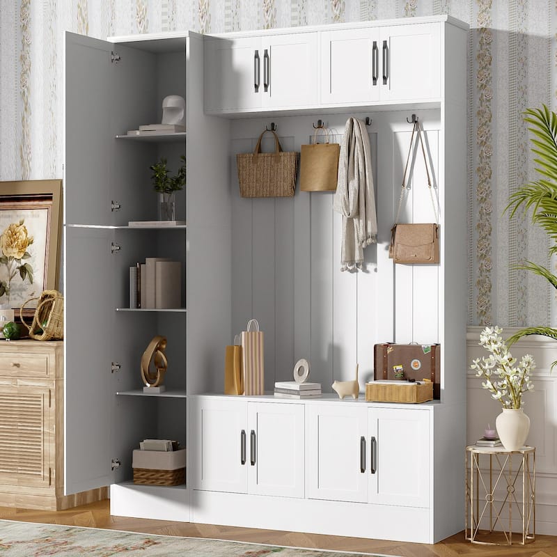 79'' Tall Modern Hall Tree with Shoe Storage - 4-in-1 Entryway Bench - White