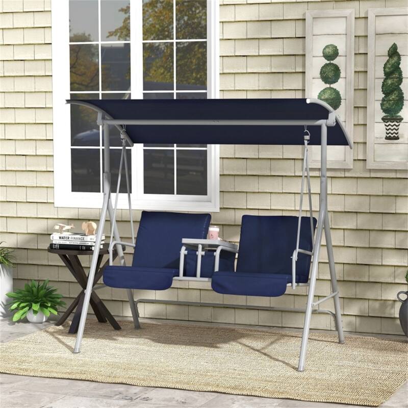 2-Seater Outdoor Patio Swing Chair with Adjustable Canopy - 69" L x 44" W x 65" H - Blue