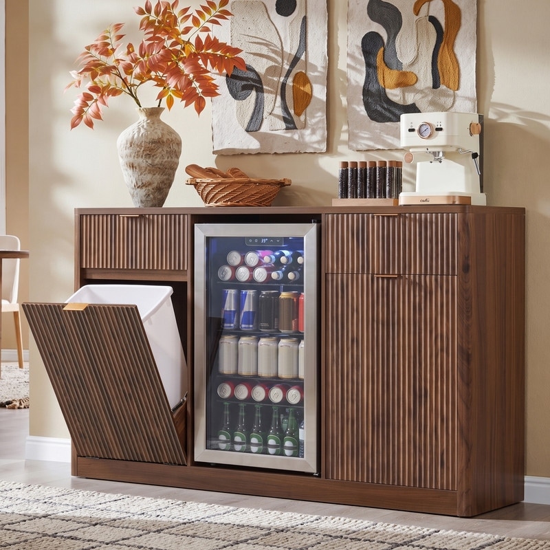 59" Fluted Buffet Sideboard Coffee Bar Cabinet with Fridge Space & Tilt-Out Trash with Glass Holder for Dining Room - N/A