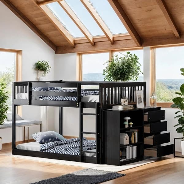 slide 2 of 19, Luxury Full over Full Bunk Bed with 4 Drawers, 3 Shelves and Built-in Ladder for Maximized Space, Espresso Espresso