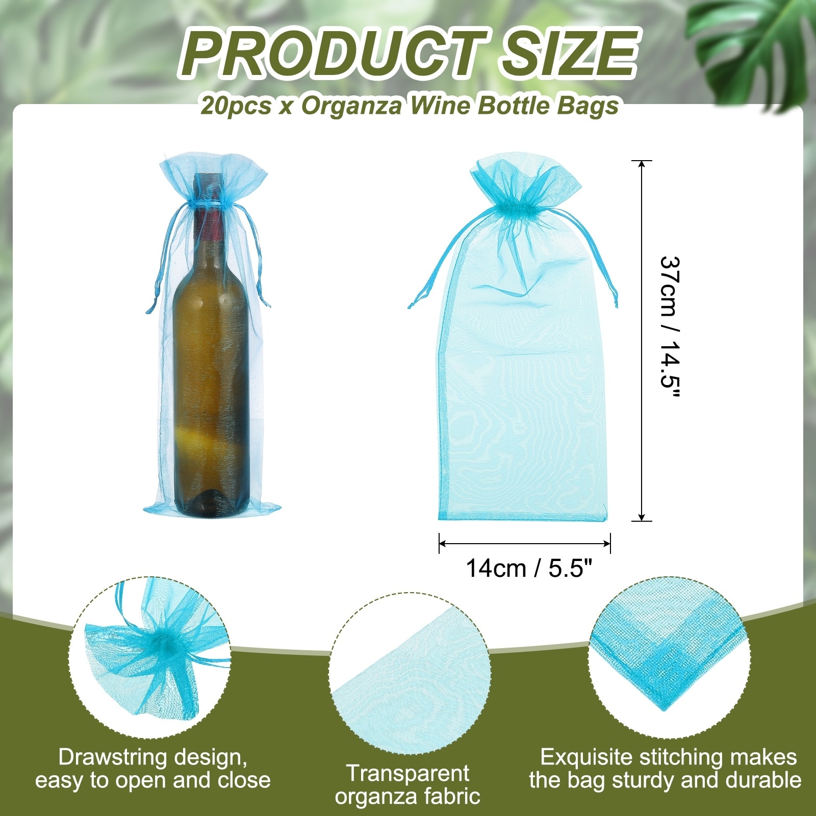 Organza Wine Bags, Drawstring Organza Bottle Gift Bags Sheer Wine Wrapping Bag for Bottle Wrap Birthday - 14.5 x 5.5