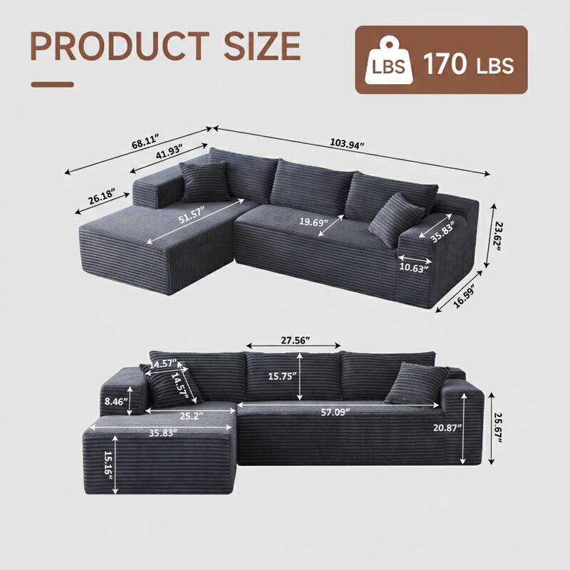 103.54" Flannel L-Shaped High-Density Modern Modular Sectional Sofa with Chaise & Pillows