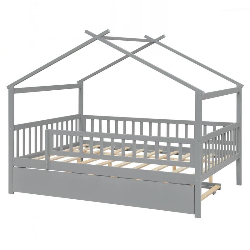 Full Size Wooden House Bed with Twin Size Trundle