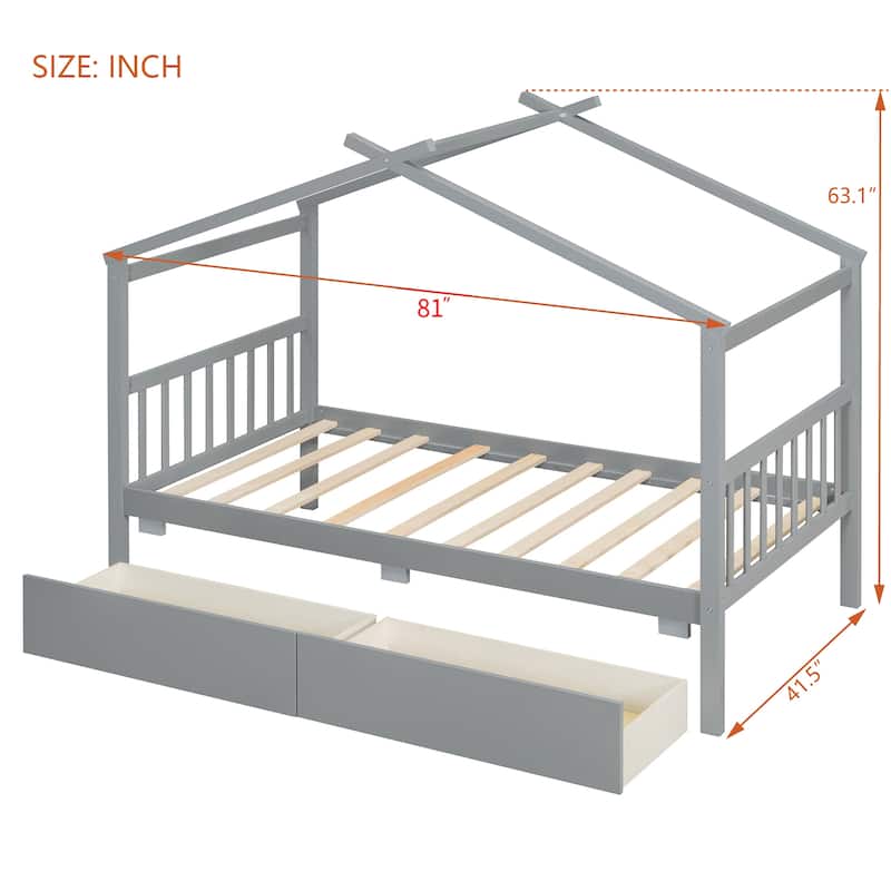 Twin/Full Size Wooden House Bed with Roof and 2 Drawers, Kids Platform Bed with Storage, Solid Pine Frame